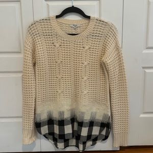 Madewell cableknit sweater with buffalo check hem